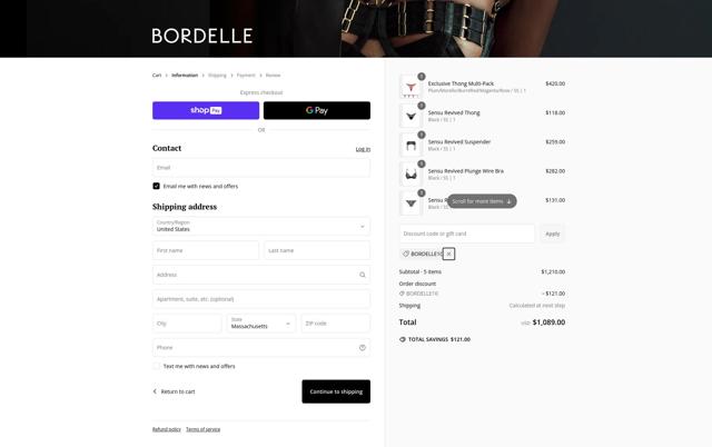 Bordelle checkout page showing Bordelle promo code box | Screenshot taken by SimplyCodes community member on Feb 19, 2025