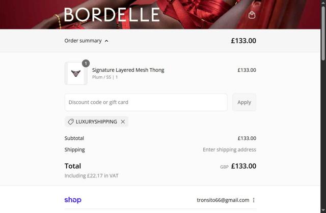 Bordelle checkout page showing Bordelle promo code box | Screenshot taken by SimplyCodes community member on Sep 2, 2025