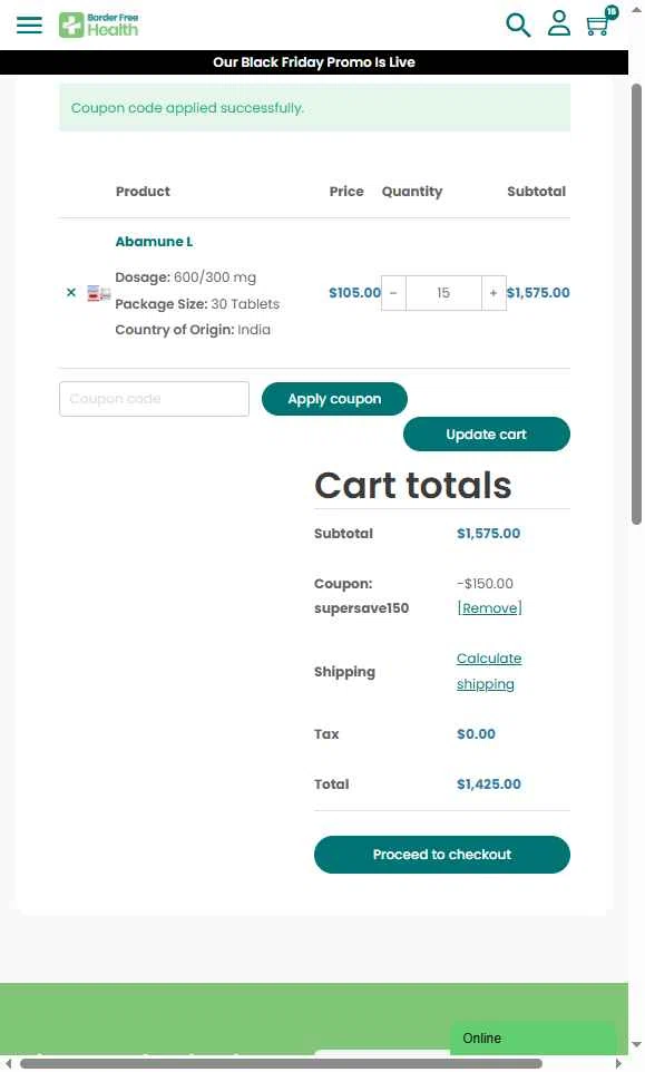 Border Free Health checkout page showing Border Free Health promo code box | Screenshot taken by SimplyCodes community member on Nov 29, 2025
