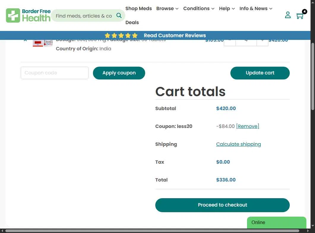 Border Free Health checkout page showing Border Free Health promo code box | Screenshot taken by SimplyCodes community member on Nov 4, 2025