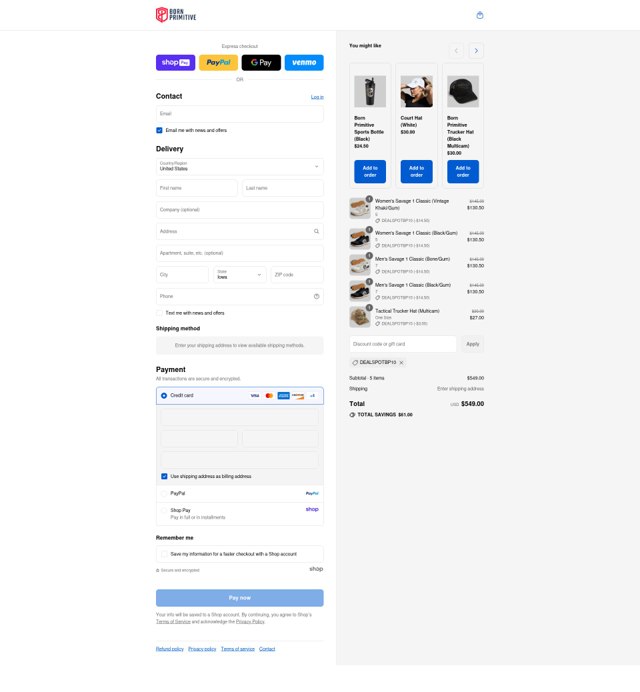 Born Primitive checkout page showing Born Primitive discount code box | Screenshot taken by SimplyCodes community member on Aug 19, 2025