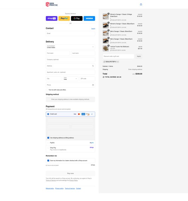 Born Primitive checkout page showing Born Primitive discount code box | Screenshot taken by SimplyCodes community member on Aug 24, 2025