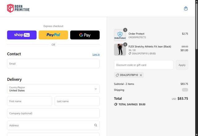 Born Primitive checkout page showing Born Primitive discount code box | Screenshot taken by SimplyCodes community member on Aug 24, 2025