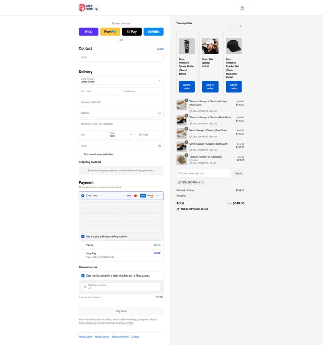 Born Primitive checkout page showing Born Primitive discount code box | Screenshot taken by SimplyCodes community member on Aug 28, 2025