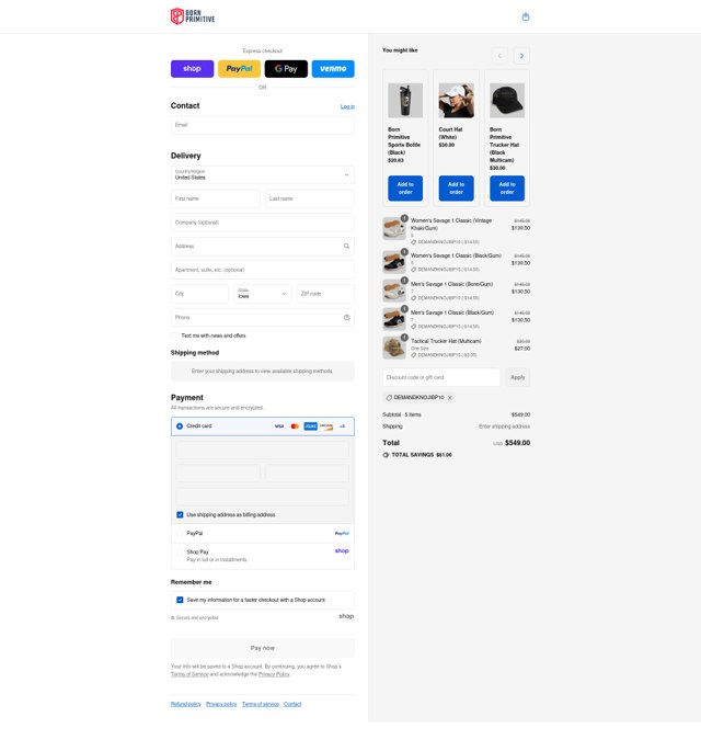Born Primitive checkout page showing Born Primitive discount code box | Screenshot taken by SimplyCodes community member on Aug 28, 2025