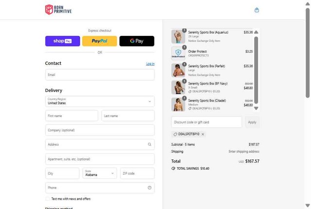 Born Primitive checkout page showing Born Primitive discount code box | Screenshot taken by SimplyCodes community member on Aug 28, 2025