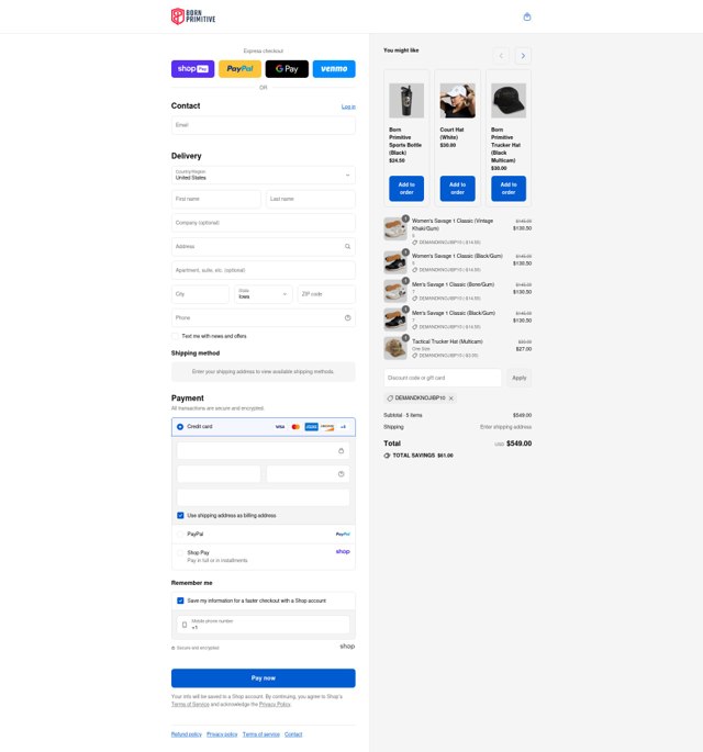 Born Primitive checkout page showing Born Primitive discount code box | Screenshot taken by SimplyCodes community member on Aug 24, 2025