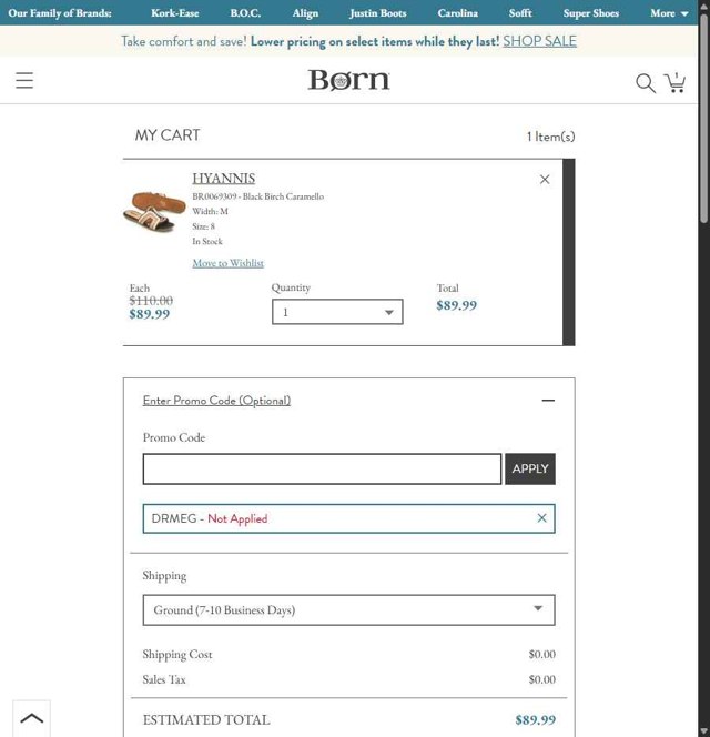 Born Shoes checkout page showing Born Shoes promo code box | Screenshot taken by SimplyCodes community member on Jul 17, 2025
