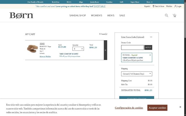 Born Shoes checkout page showing Born Shoes promo code box | Screenshot taken by SimplyCodes community member on Jul 17, 2025