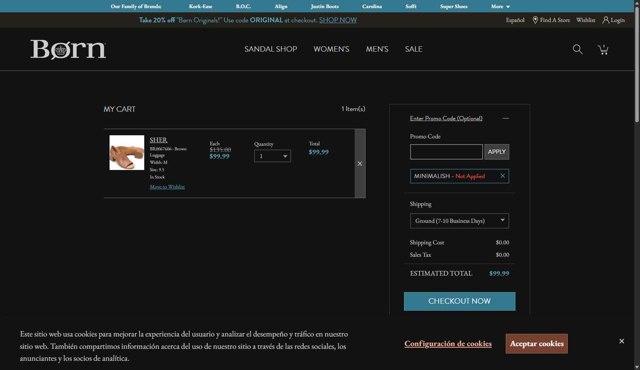 Born Shoes checkout page showing Born Shoes promo code box | Screenshot taken by SimplyCodes community member on Jul 10, 2025