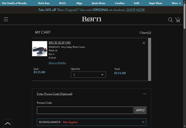 Born Shoes checkout page showing Born Shoes promo code box | Screenshot taken by SimplyCodes community member on Jun 25, 2025