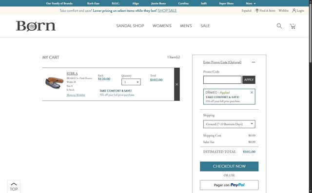 Born Shoes checkout page showing Born Shoes promo code box | Screenshot taken by SimplyCodes community member on Jul 17, 2025