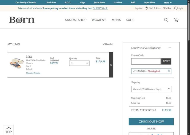 Born Shoes checkout page showing Born Shoes promo code box | Screenshot taken by SimplyCodes community member on Jul 17, 2025