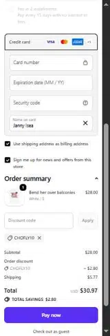 CHOFLY10 coupon verification screenshot