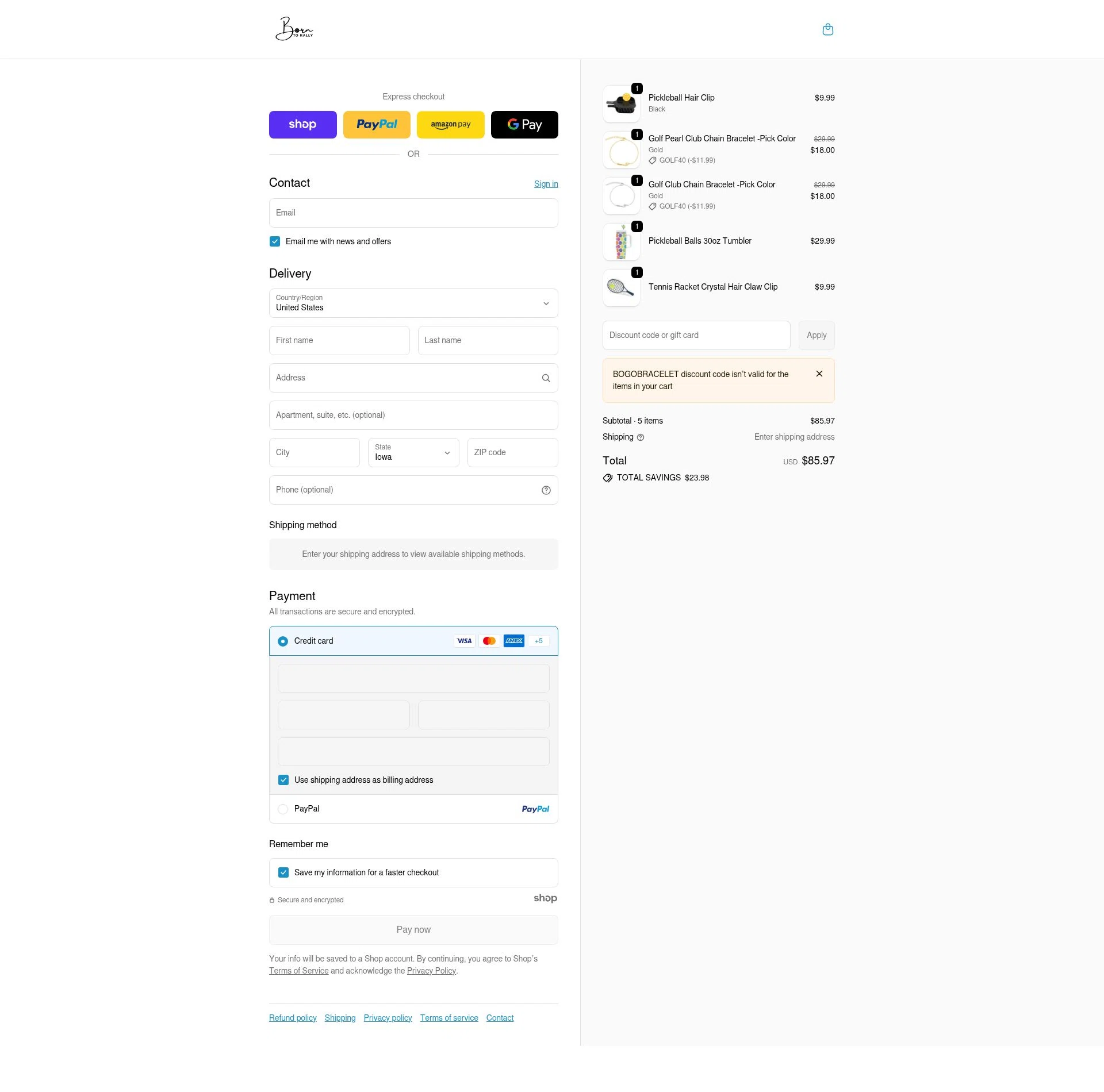 Born to Rally checkout page showing Born to Rally discount code box | Screenshot taken by SimplyCodes community member on Dec 29, 2025