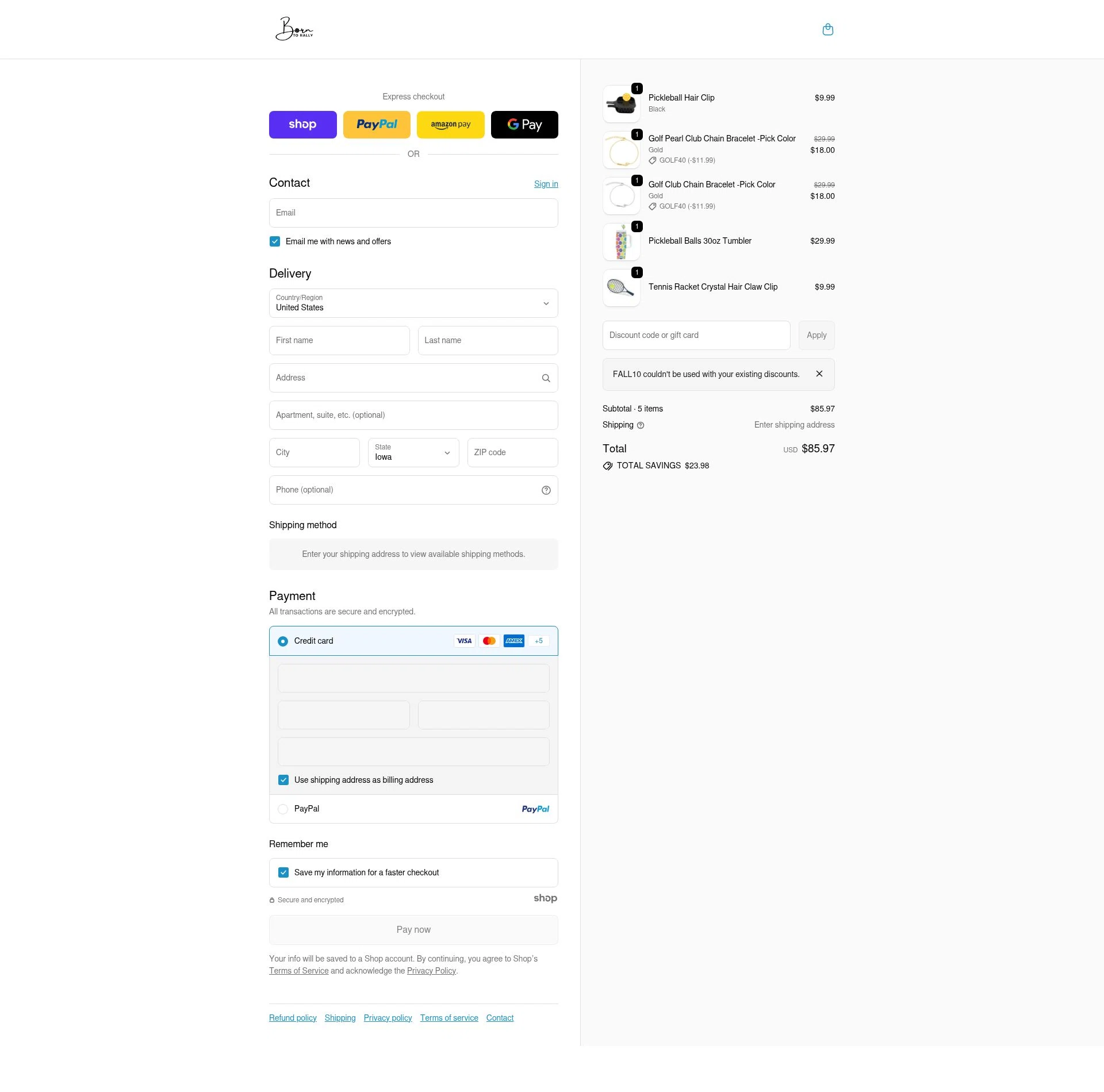 Born to Rally checkout page showing Born to Rally discount code box | Screenshot taken by SimplyCodes community member on Dec 29, 2025