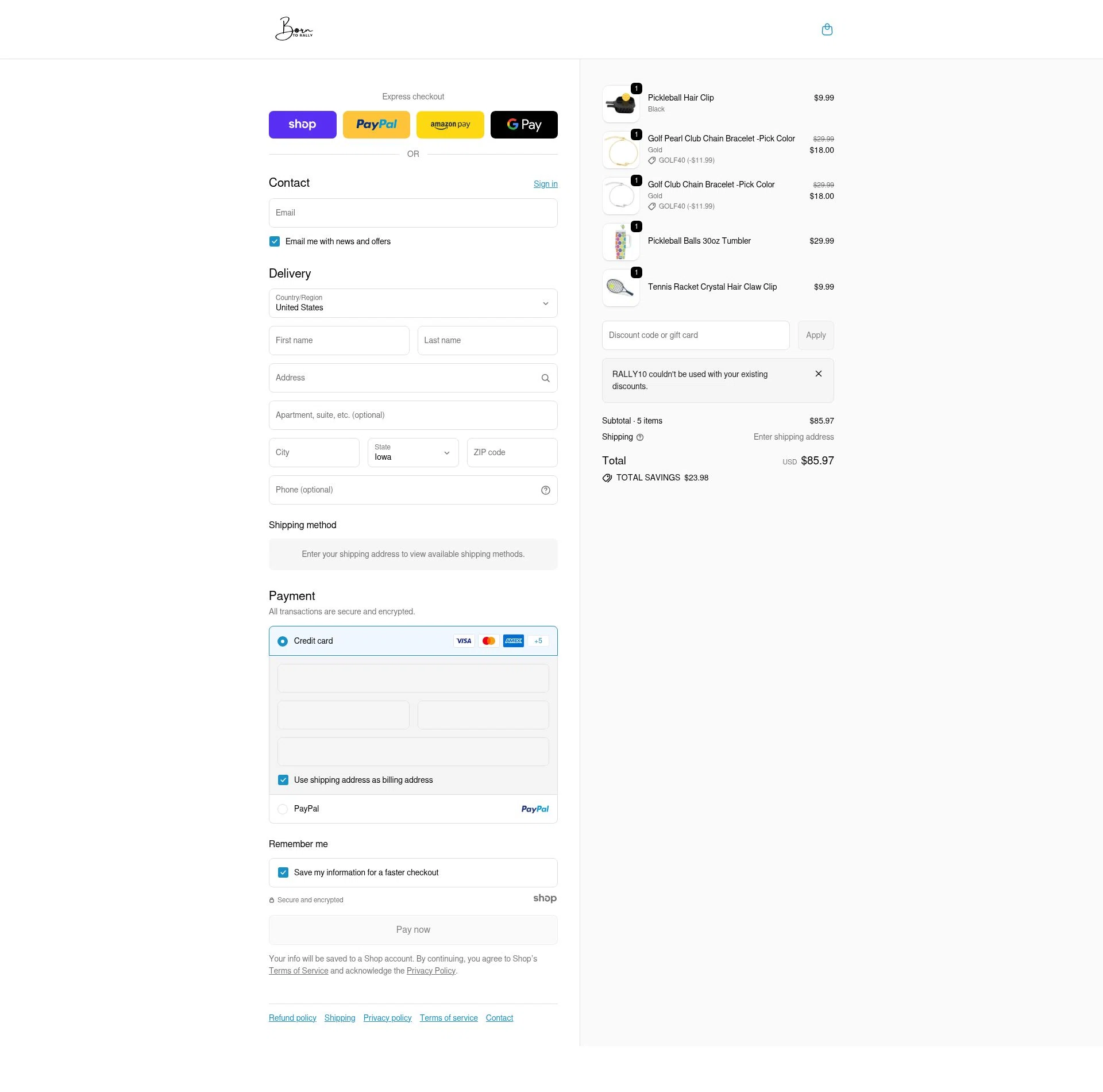 Born to Rally checkout page showing Born to Rally discount code box | Screenshot taken by SimplyCodes community member on Dec 29, 2025
