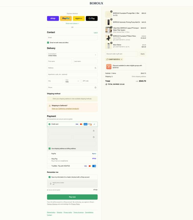 Boroux checkout page showing Boroux discount code box | Screenshot taken by SimplyCodes community member on Sep 8, 2025