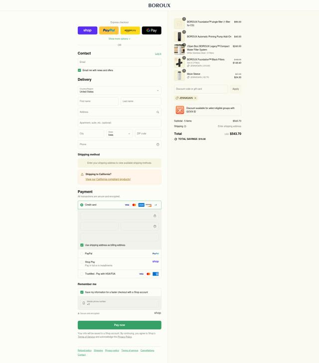 Boroux checkout page showing Boroux discount code box | Screenshot taken by SimplyCodes community member on Sep 8, 2025