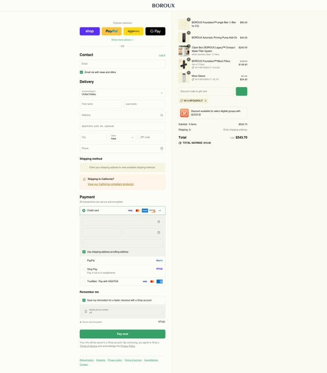Boroux checkout page showing Boroux discount code box | Screenshot taken by SimplyCodes community member on Sep 8, 2025