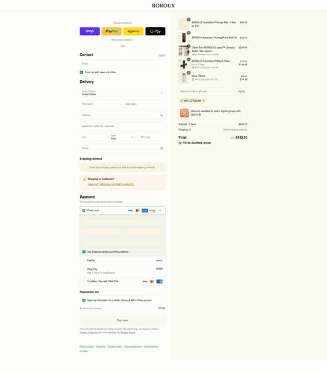 Boroux checkout page showing Boroux discount code box | Screenshot taken by SimplyCodes community member on Sep 8, 2025
