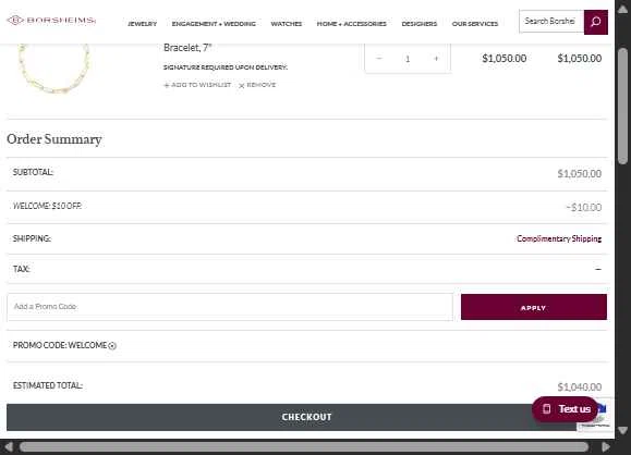 Borsheims checkout page showing Borsheims promo code box | Screenshot taken by SimplyCodes community member on Sep 3, 2025