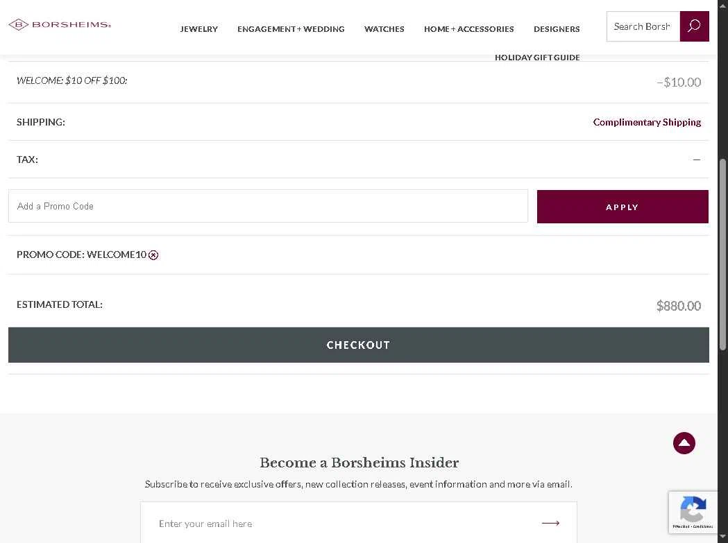 Borsheims checkout page showing Borsheims promo code box | Screenshot taken by SimplyCodes community member on Nov 11, 2025
