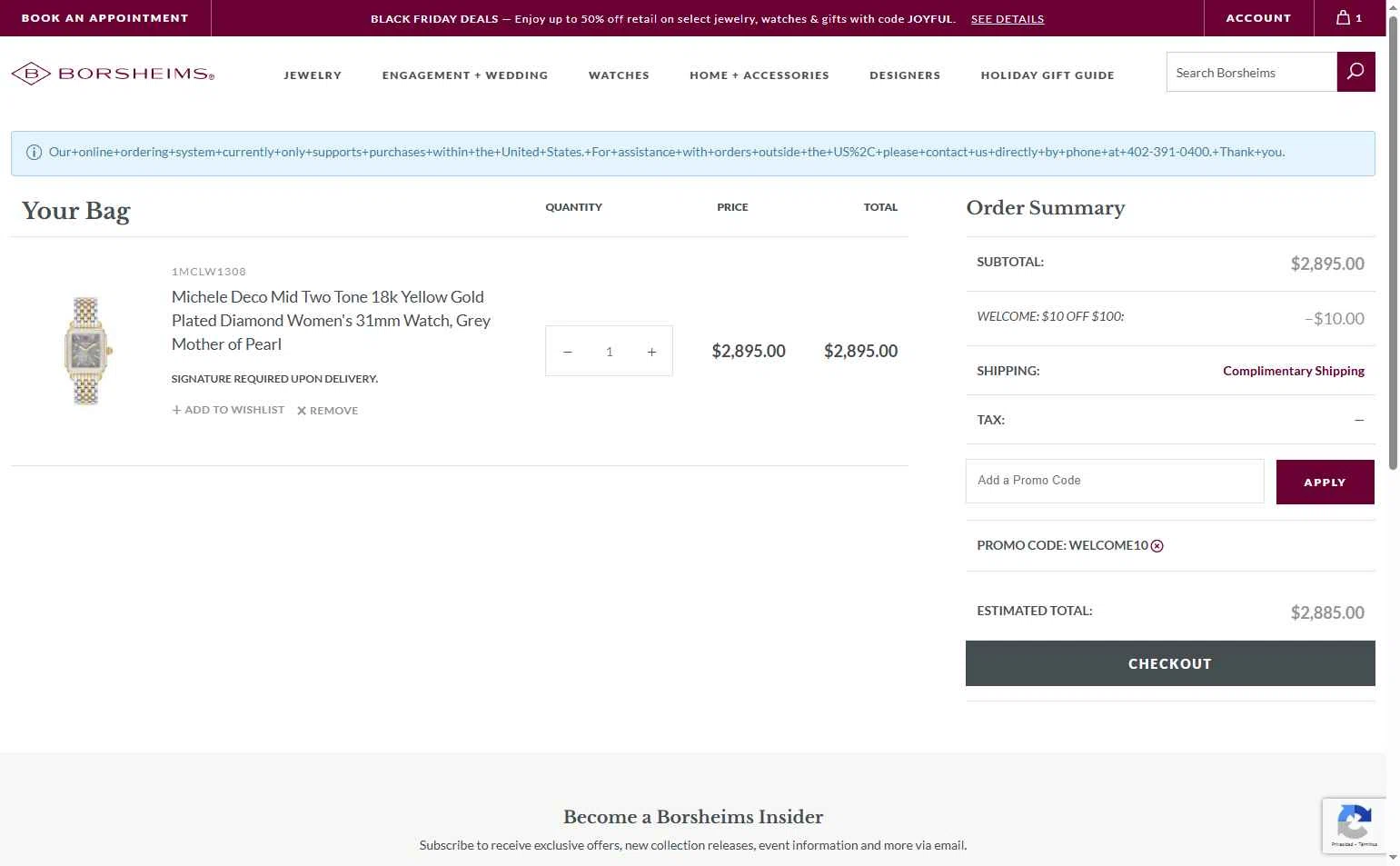 Borsheims checkout page showing Borsheims promo code box | Screenshot taken by SimplyCodes community member on Nov 27, 2025