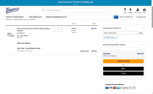 Boscov's checkout page showing Boscov's coupon code box | Screenshot taken by SimplyCodes community member on Aug 4, 2025