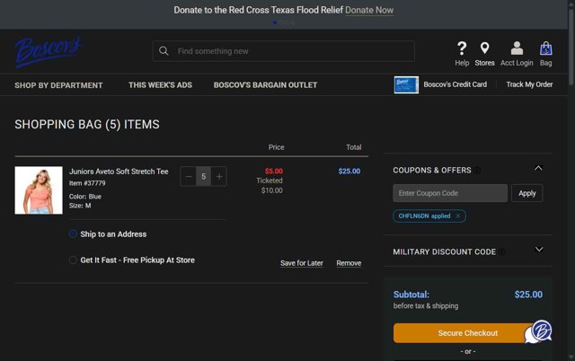 Boscov's checkout page showing Boscov's coupon code box | Screenshot taken by SimplyCodes community member on Jul 15, 2025