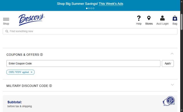 Boscov's checkout page showing Boscov's coupon code box | Screenshot taken by SimplyCodes community member on Aug 1, 2025
