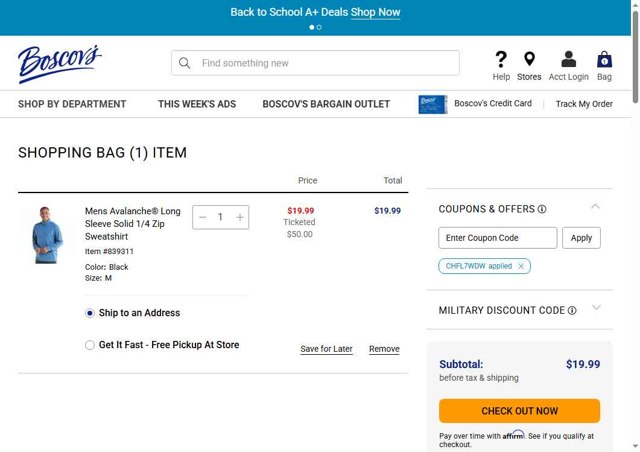 Boscov's checkout page showing Boscov's coupon code box | Screenshot taken by SimplyCodes community member on Aug 21, 2025