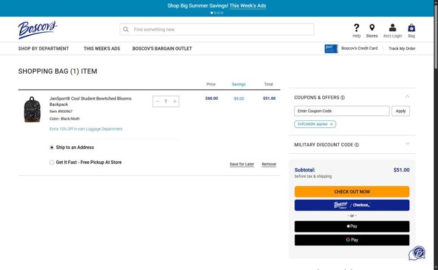 Boscov's checkout page showing Boscov's coupon code box | Screenshot taken by SimplyCodes community member on Aug 1, 2025