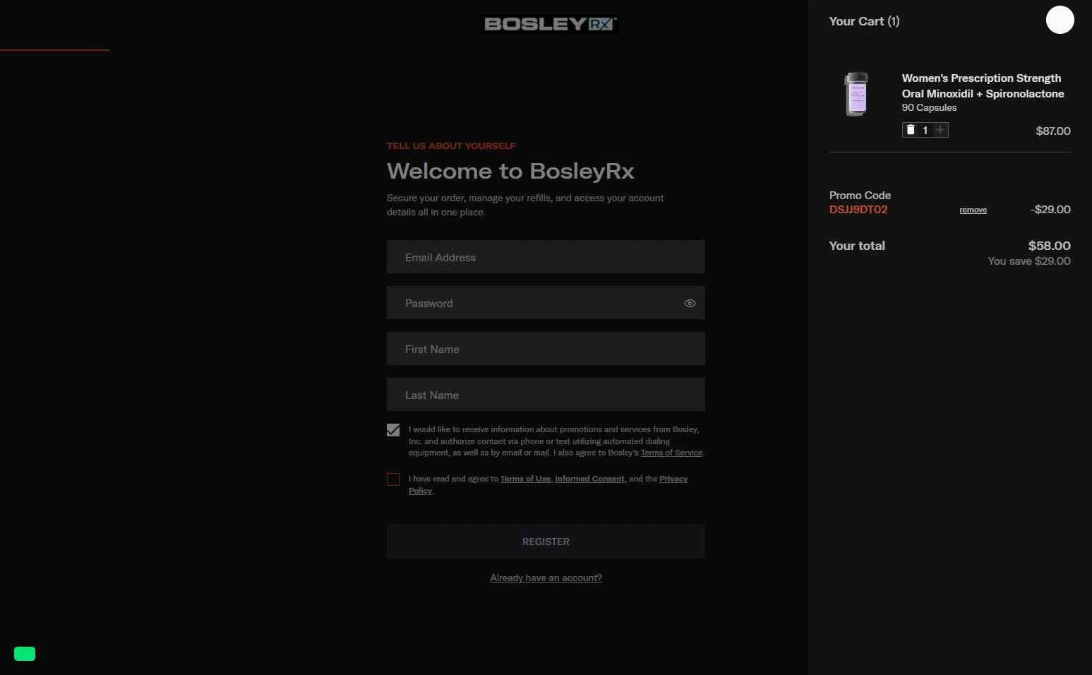 BosleyRx checkout page showing BosleyRx promo code box | Screenshot taken by SimplyCodes community member on Sep 8, 2025