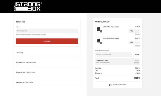 BOSS StrongBox checkout page showing BOSS StrongBox promo code box | Screenshot taken by SimplyCodes community member on Aug 27, 2025