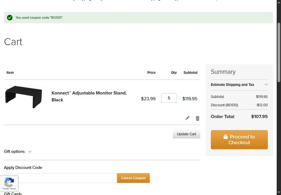Bostitch Office checkout page showing Bostitch Office promo code box | Screenshot taken by SimplyCodes community member on Jul 20, 2025