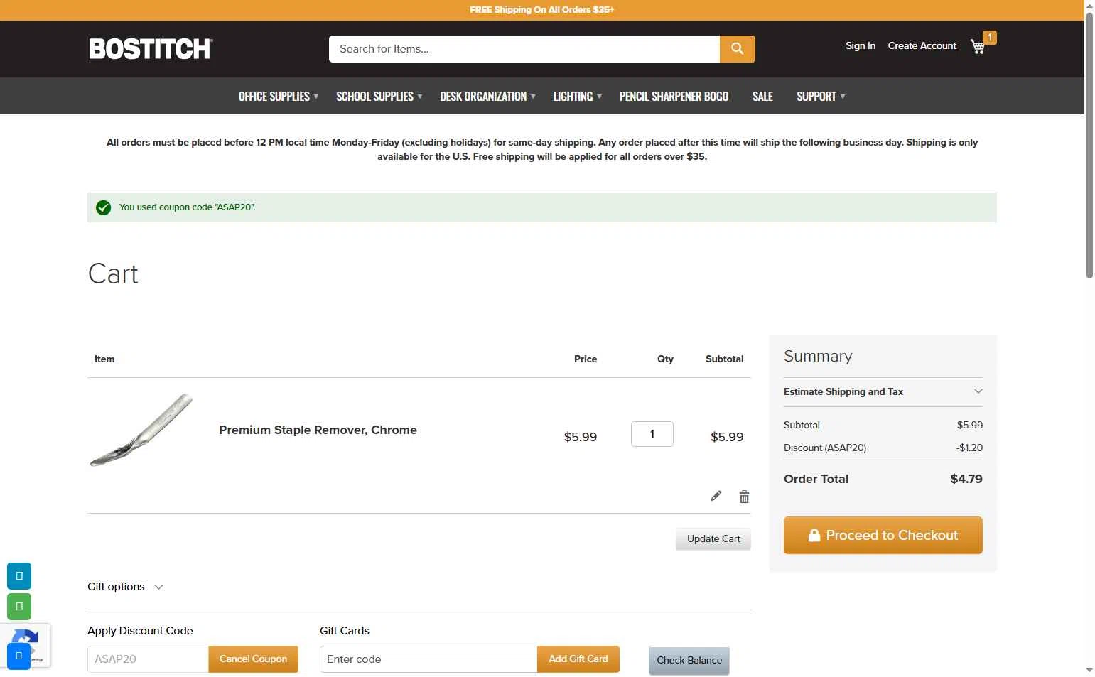 Bostitch Office checkout page showing Bostitch Office promo code box | Screenshot taken by SimplyCodes community member on May 10, 2025