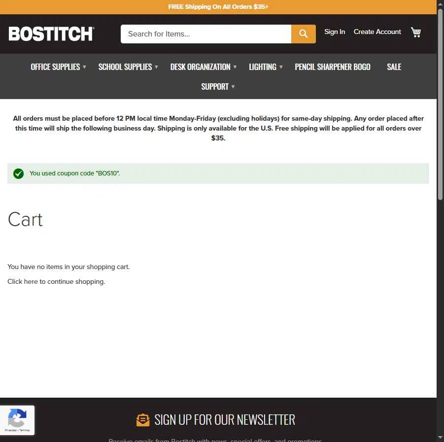 Bostitch Office checkout page showing Bostitch Office promo code box | Screenshot taken by SimplyCodes community member on Jul 20, 2025