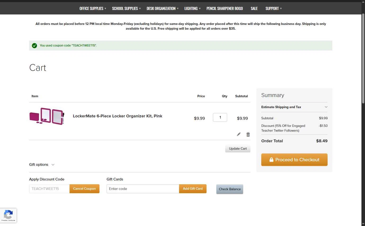 Bostitch Office checkout page showing Bostitch Office promo code box | Screenshot taken by SimplyCodes community member on Jul 1, 2025
