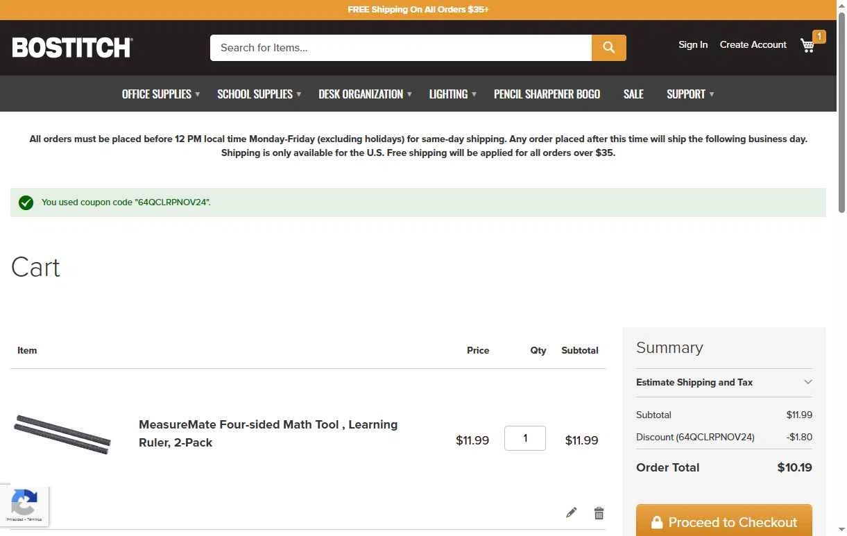 Bostitch Office checkout page showing Bostitch Office promo code box | Screenshot taken by SimplyCodes community member on Jul 1, 2025
