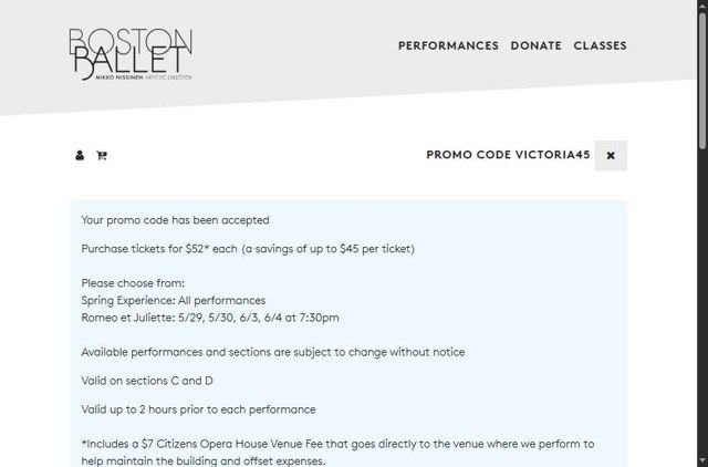 Boston Ballet checkout page showing Boston Ballet promo code box | Screenshot taken by SimplyCodes community member on Jun 1, 2025