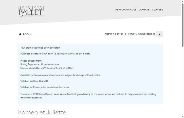 Boston Ballet checkout page showing Boston Ballet promo code box | Screenshot taken by SimplyCodes community member on Jun 2, 2025