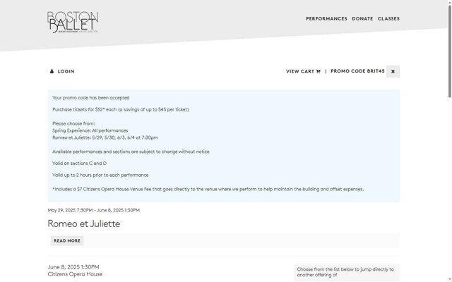 Boston Ballet checkout page showing Boston Ballet promo code box | Screenshot taken by SimplyCodes community member on Jun 7, 2025