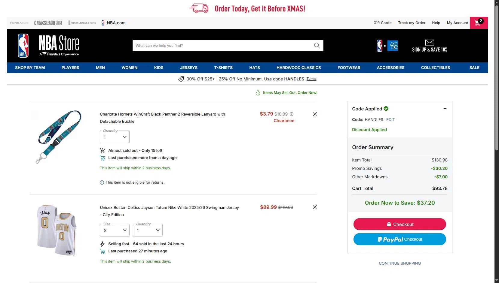 Boston Celtics checkout page showing Boston Celtics promo code box | Screenshot taken by SimplyCodes community member on Dec 16, 2025