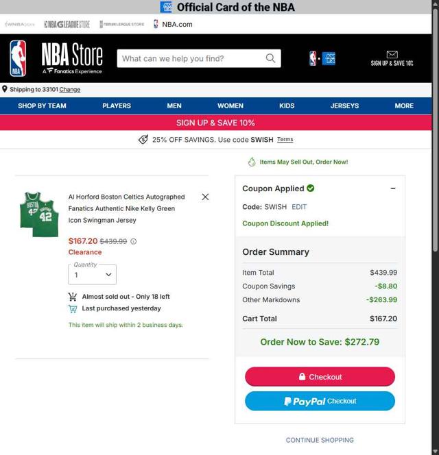 Boston Celtics checkout page showing Boston Celtics promo code box | Screenshot taken by SimplyCodes community member on Oct 5, 2025