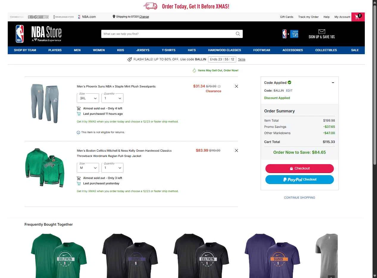 Boston Celtics checkout page showing Boston Celtics promo code box | Screenshot taken by SimplyCodes community member on Dec 17, 2025
