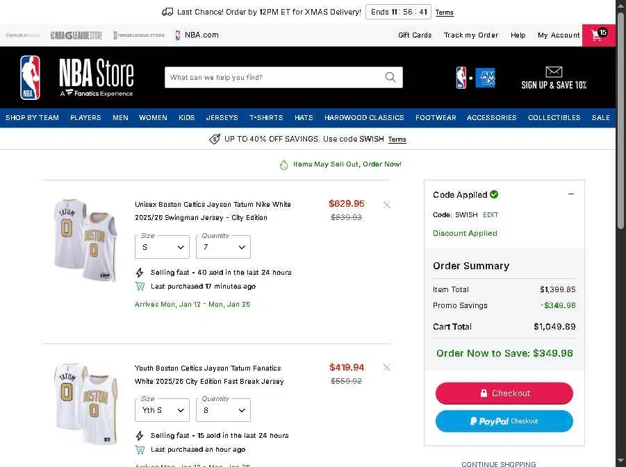 Boston Celtics checkout page showing Boston Celtics promo code box | Screenshot taken by SimplyCodes community member on Dec 22, 2025
