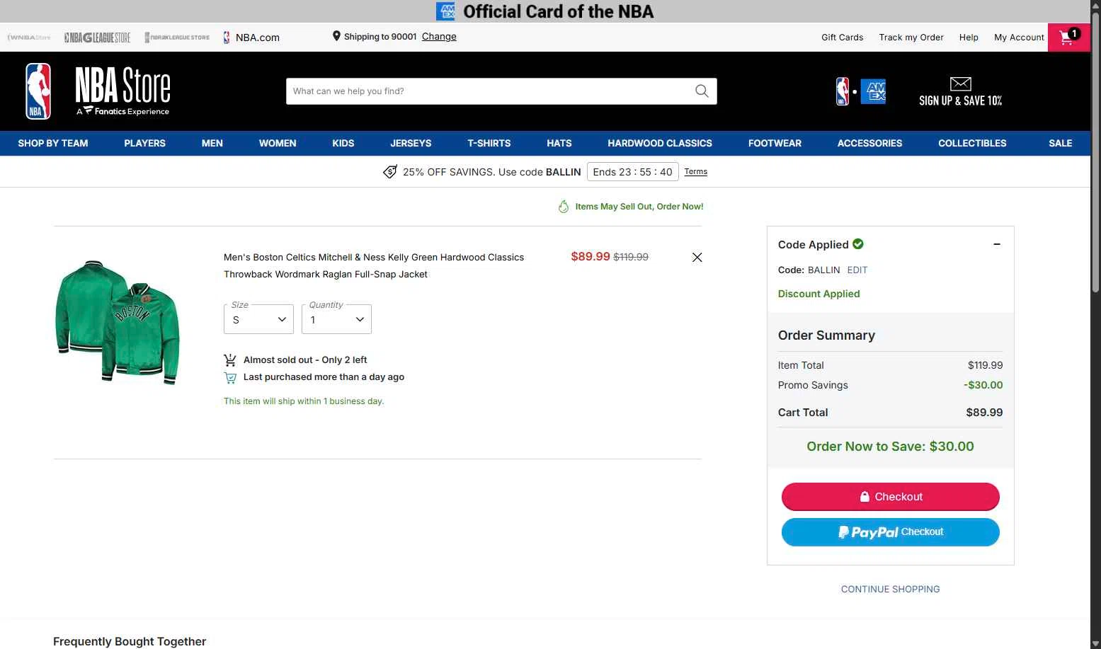 Boston Celtics checkout page showing Boston Celtics promo code box | Screenshot taken by SimplyCodes community member on Jan 23, 2026