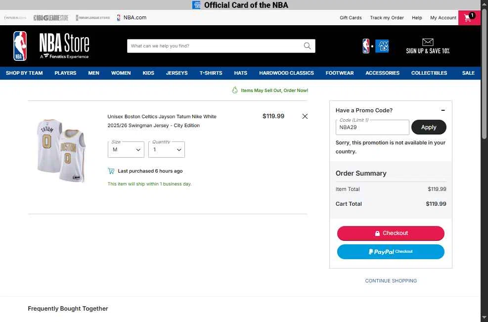Boston Celtics checkout page showing Boston Celtics promo code box | Screenshot taken by SimplyCodes community member on Feb 24, 2026