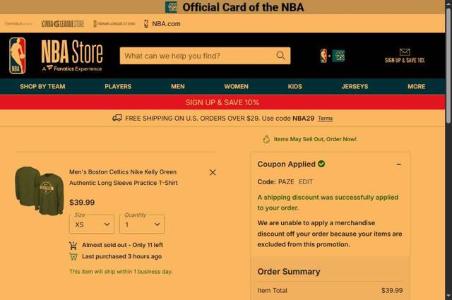 Boston Celtics checkout page showing Boston Celtics promo code box | Screenshot taken by SimplyCodes community member on Oct 4, 2025